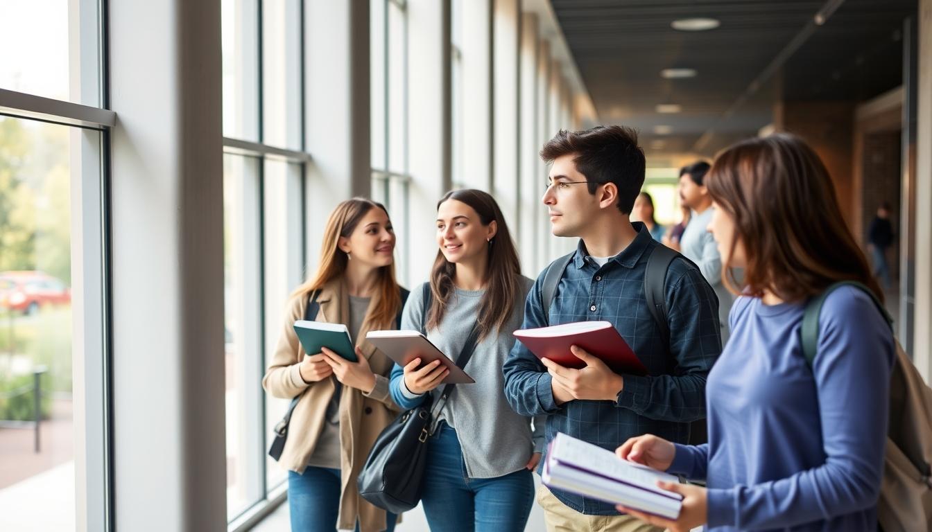 Students studying together in modern classroom